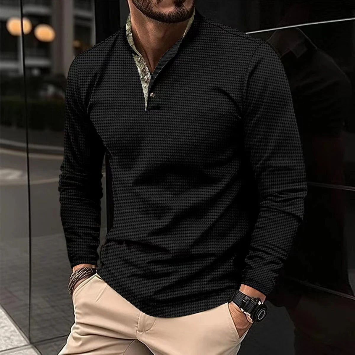Herren Langarm Henley Shirt Stehkragen Baumwolle Beige
