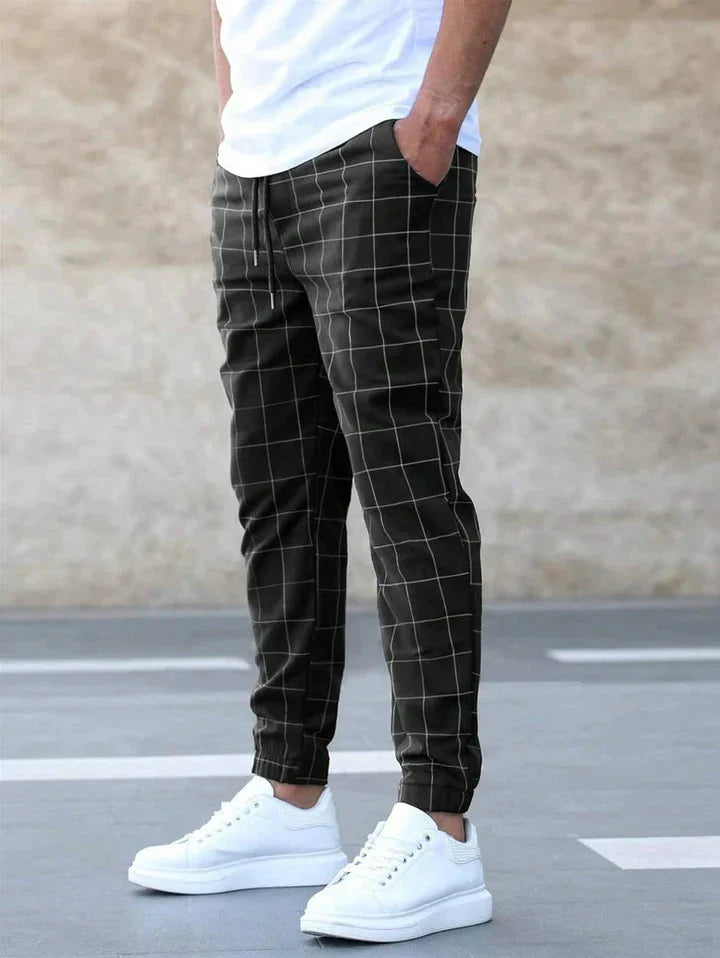 Stretchhosen | Karo | Tunnelzug | Jogger | Herrenhosen-Schwarz-S-Chaps Herrenmode