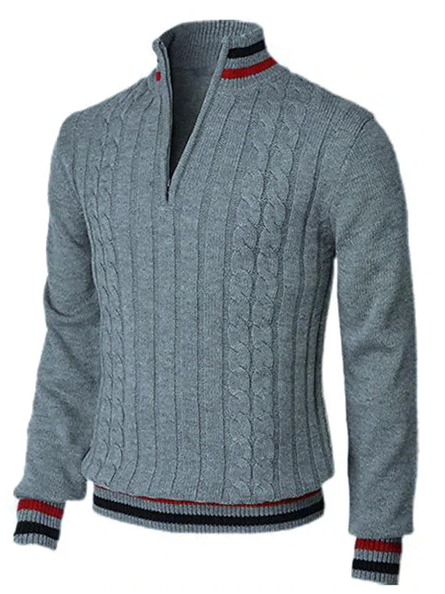 Strickpullover - Zopfstrick - Stehkragen - Half Zip Pullover-Grau-S-Chaps Herrenmode