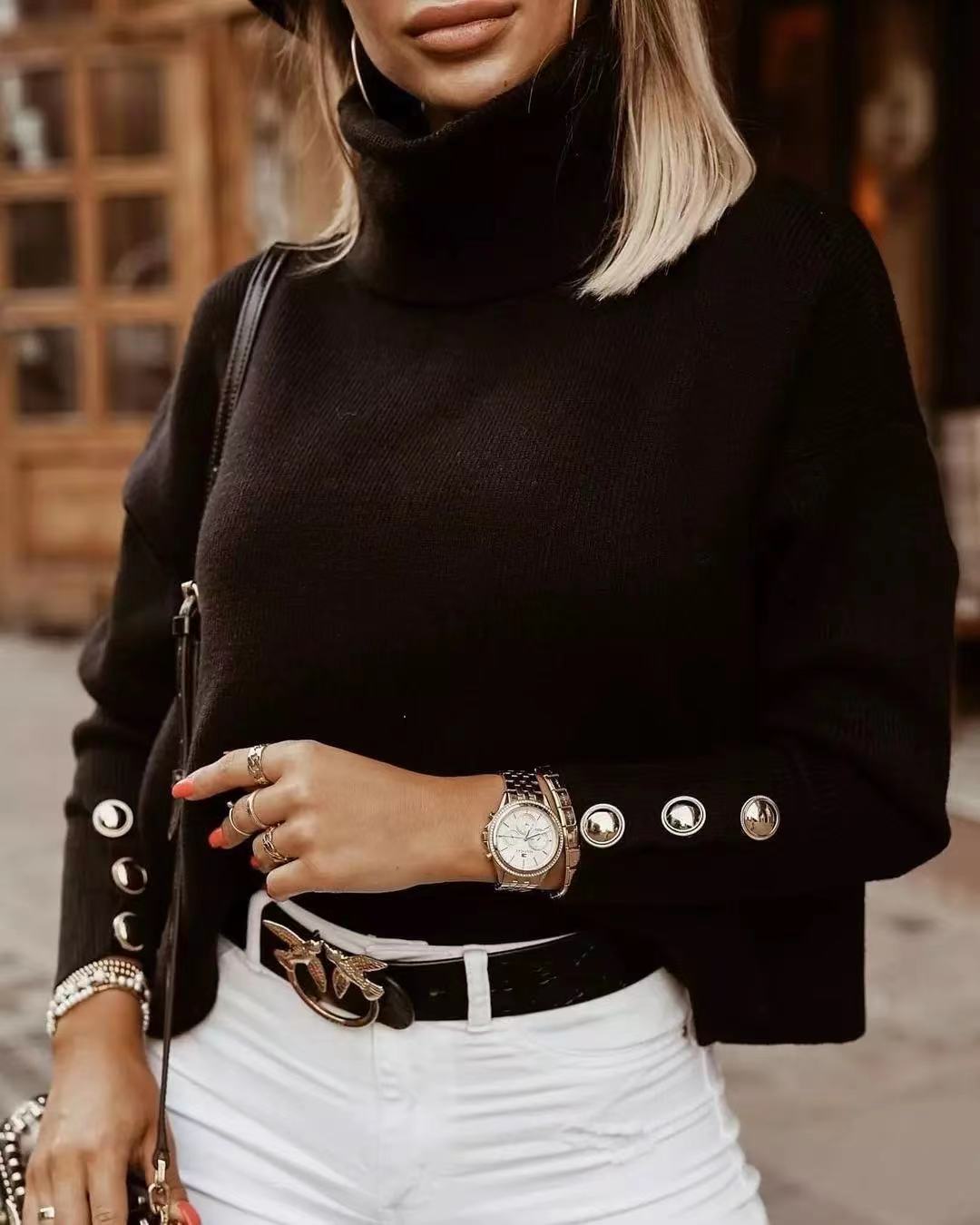 Damen Rollkragenpullover Slim Fit mit Knöpfen Elegantes Design