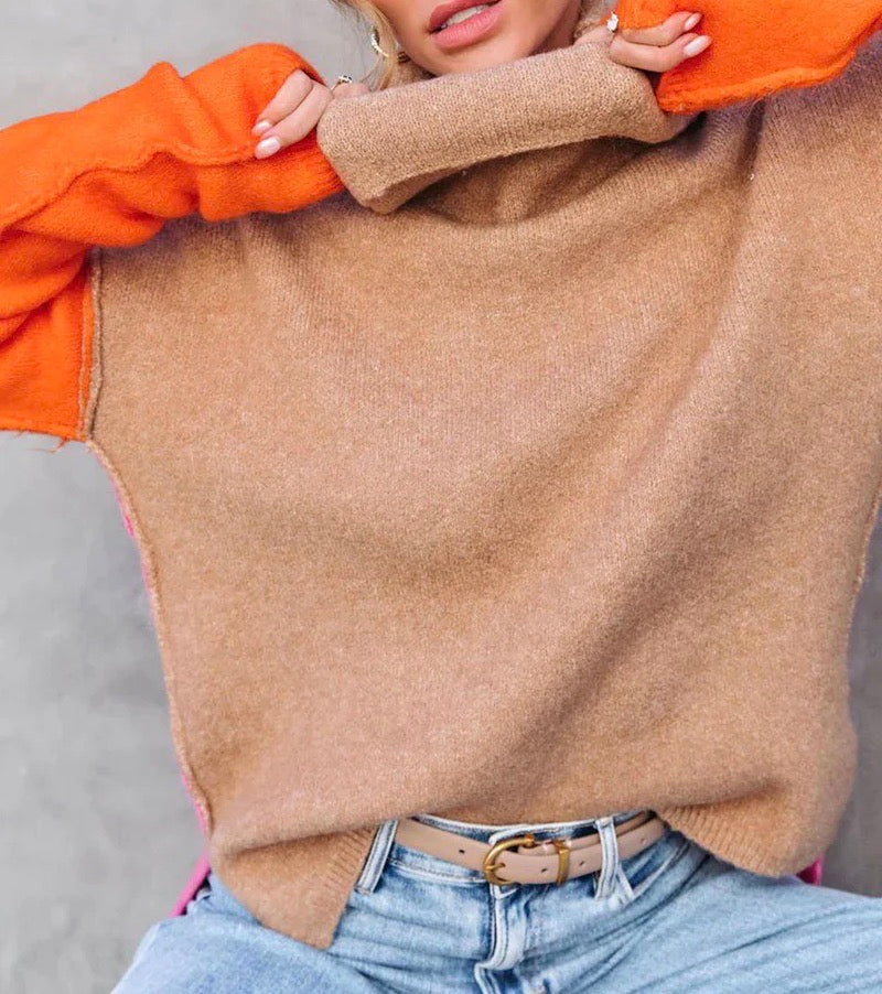 Norvielle Damen Rollkragenpullover Lockere Passform Farbblock