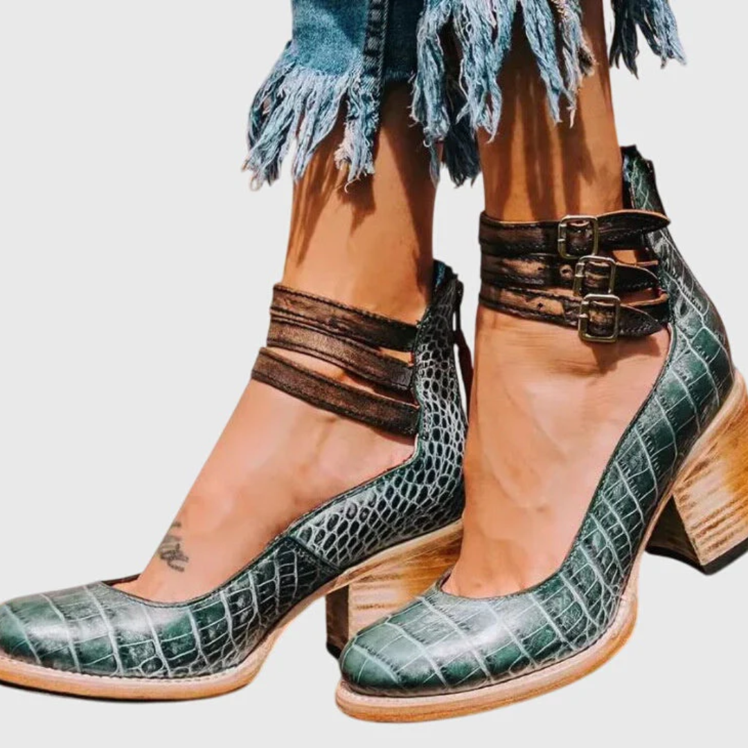 Damen Schnallenriemen Stiefel Blockabsatz