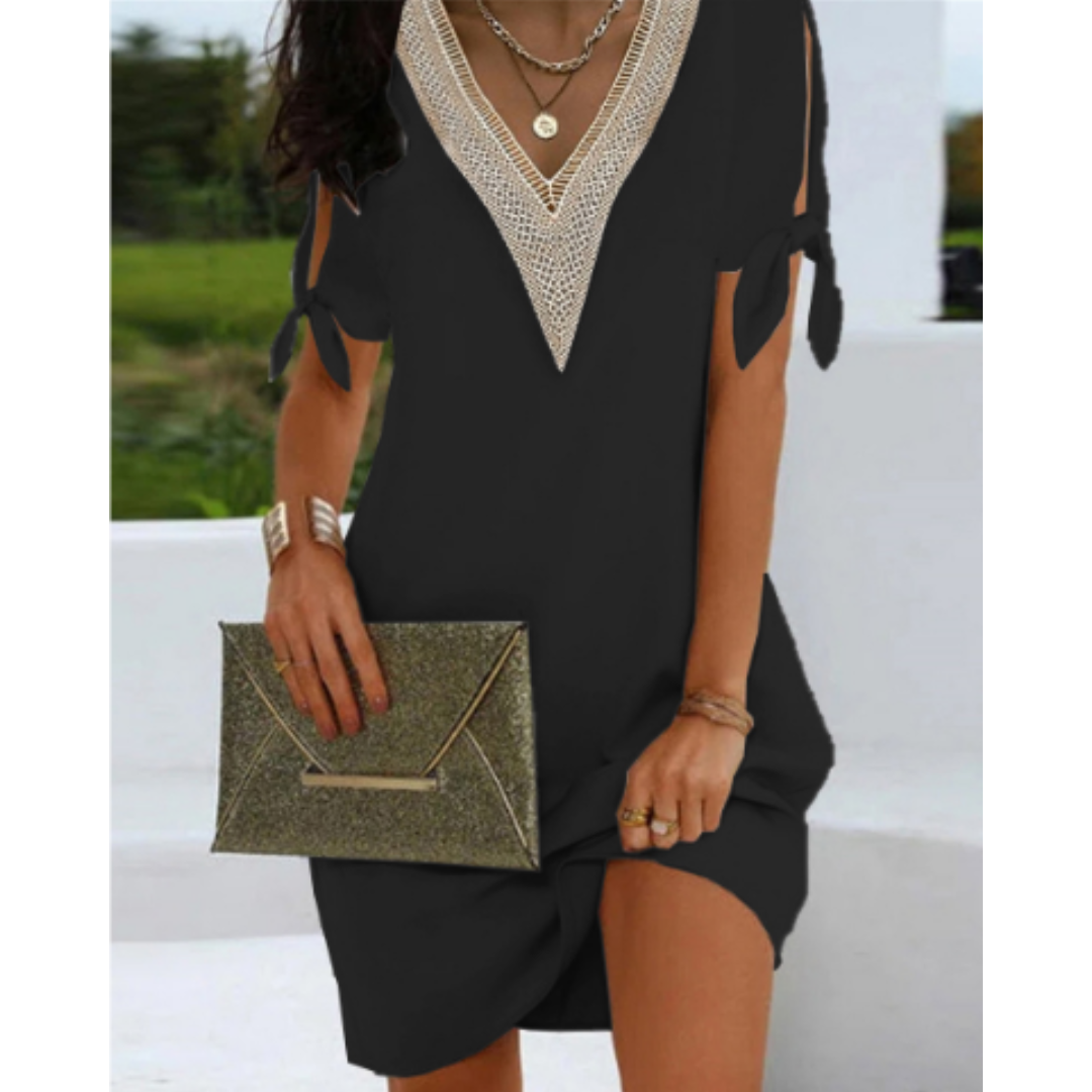 Damen Minikleid Boho V-Ausschnitt Kurzarm