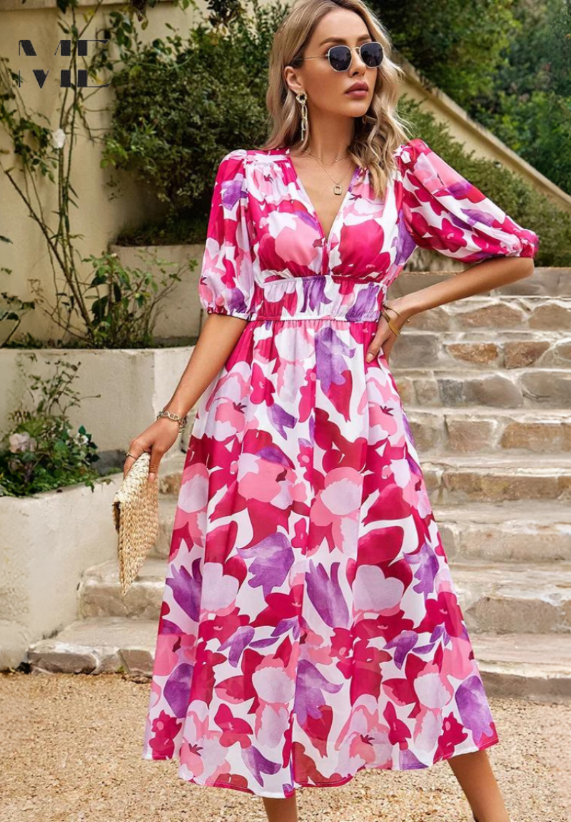 Damen Wickelkleid Abstrakt Print Midi Länge