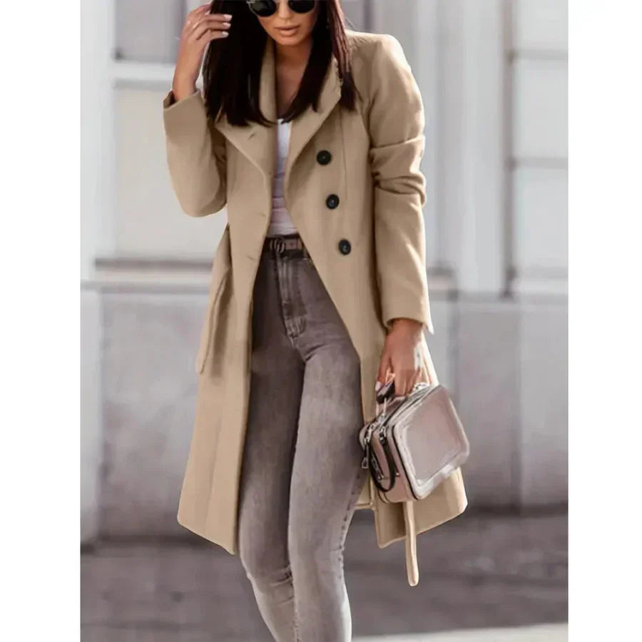 Damen Trenchcoat Wollmischung Tailliert Lang Schwarz - Norvielle