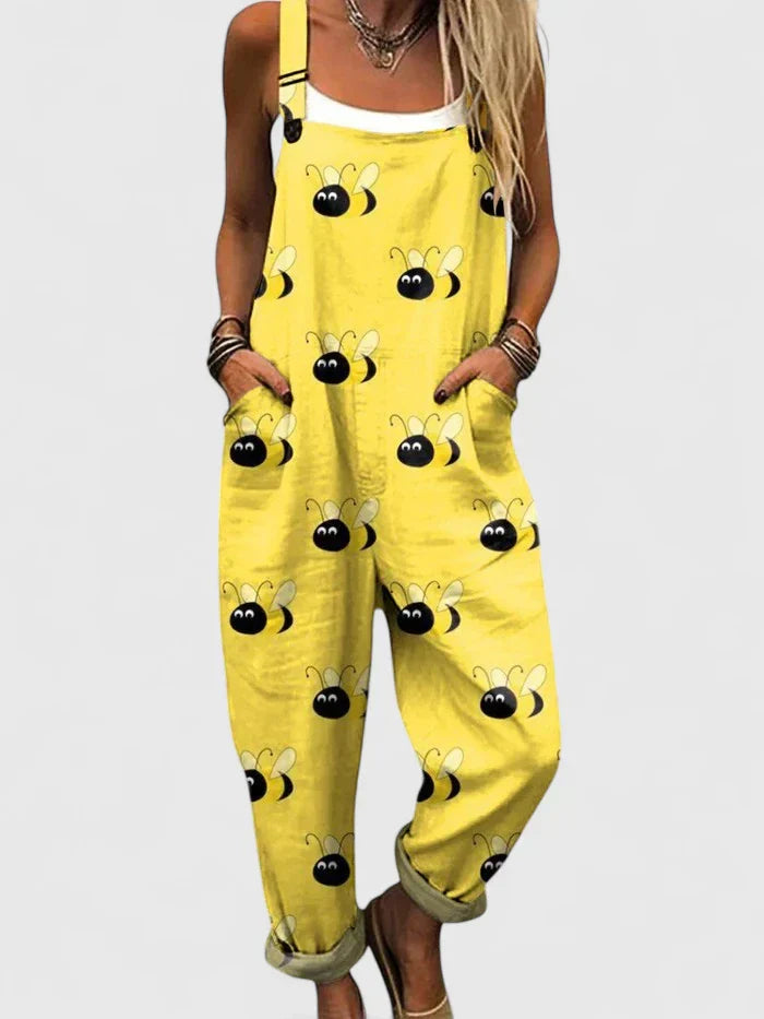 Damen Overall Lässig Bienenprint Baumwolle Schwarz - Norvielle