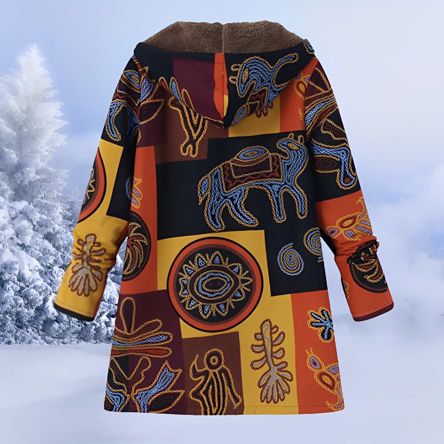 Damen Winterjacke Fellfutter Ethno-Muster
