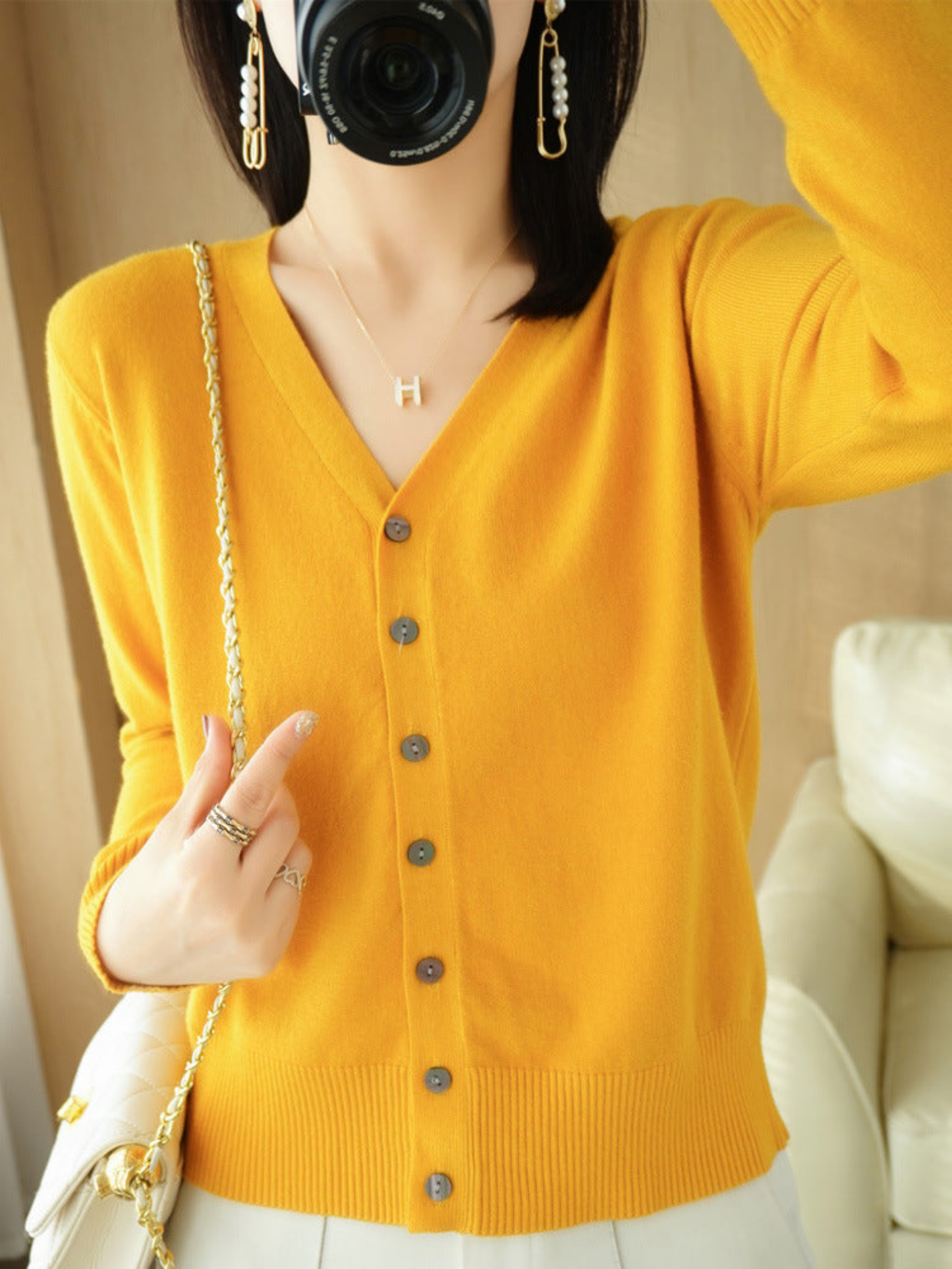 Norvielle Damen V-Ausschnitt Cardigan Lockerer Schnitt