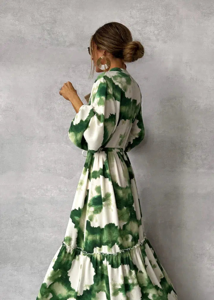 Damen Maxi-Kleid V-Ausschnitt Langer Ärmel Grün