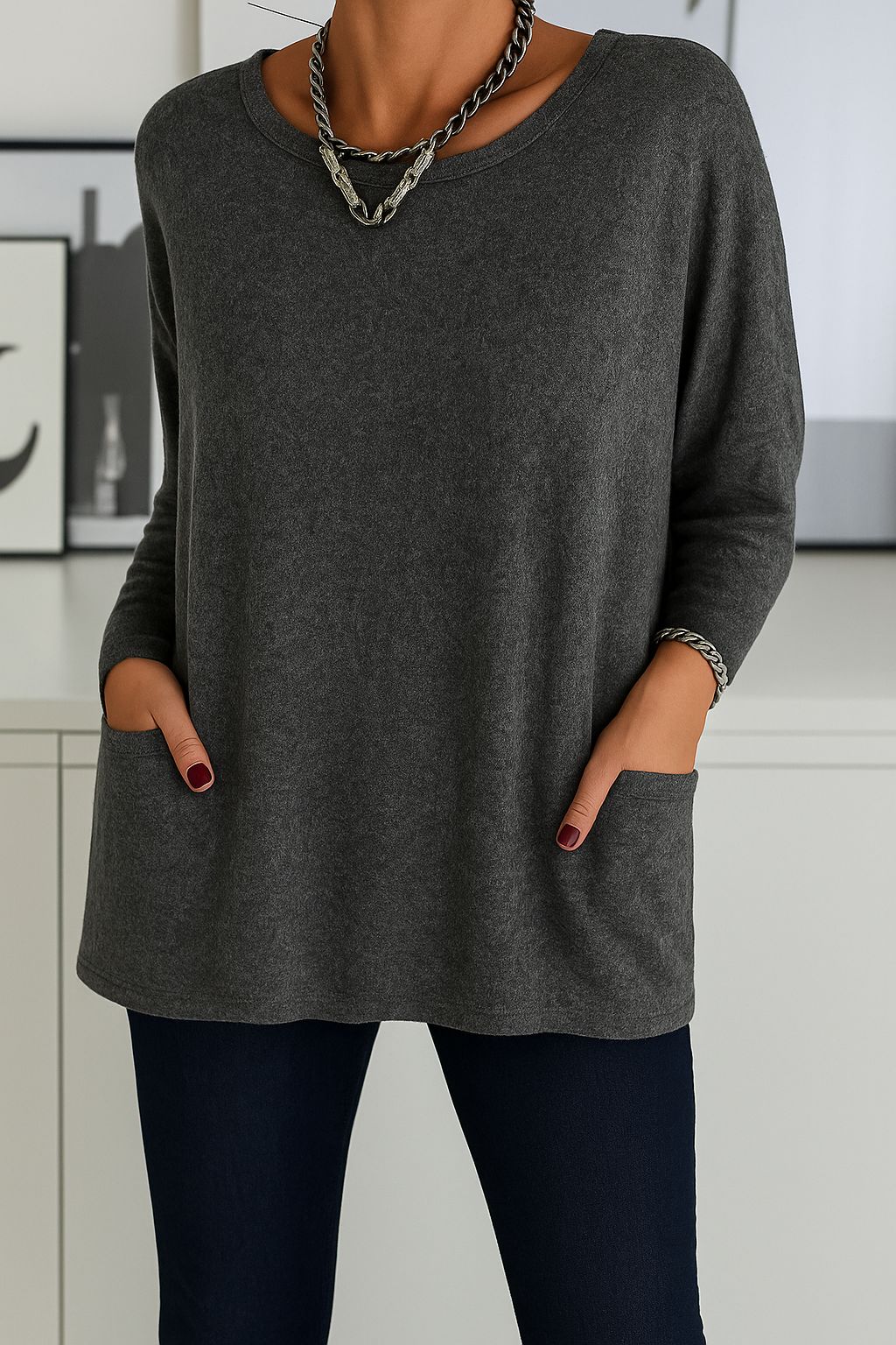 Damen Lockeres Langarmshirt Baumwolle Weiß