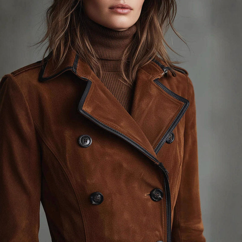 Norvielle Damen Trenchcoat Wildleder-Style Doppelreihig Lang