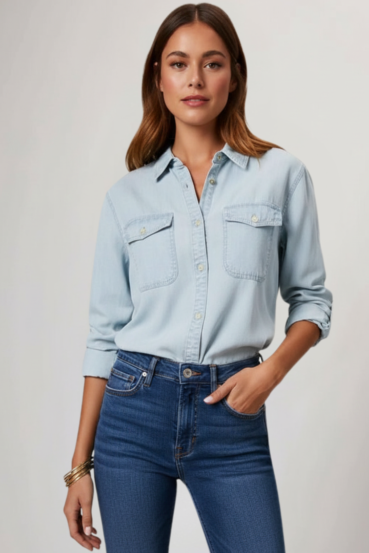 Damen Denimhemd Knopfleiste Vorne Länge Ärmel