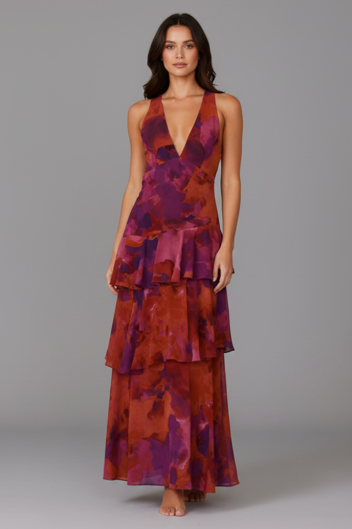 Damen Maxikleid Gestufter Rock V-Ausschnitt