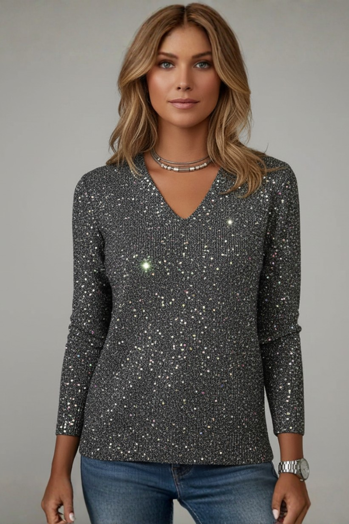 Damen Paillettenpullover V-Ausschnitt Länge Lang Ärmel Glitzer