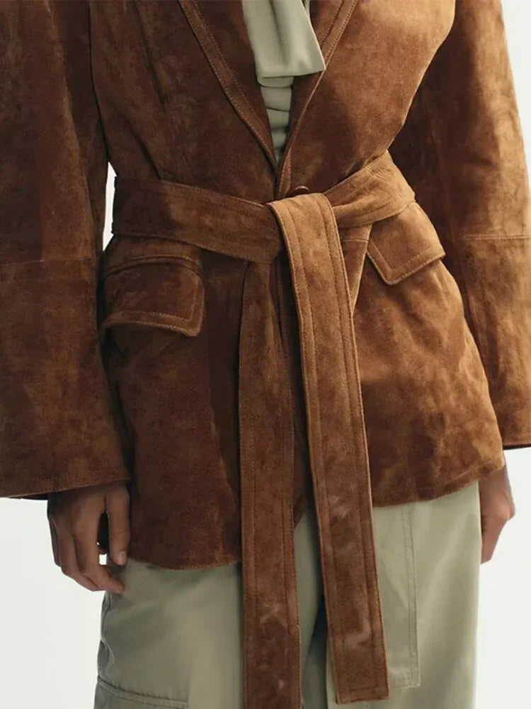 Damen Lederjacke Wildleder Mit Gürtel