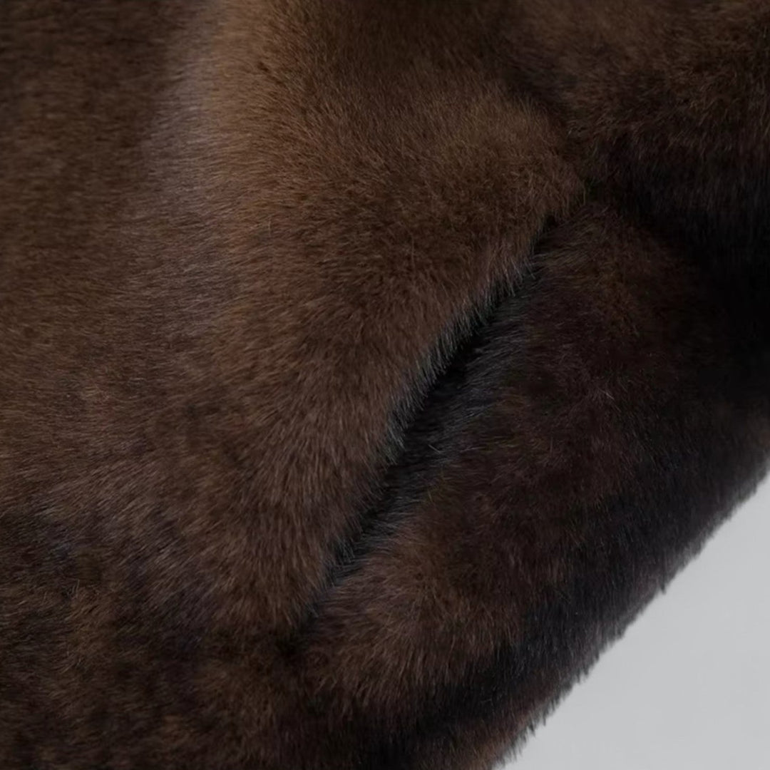 Damen Faux-Fur Mantel Dunkelbraun Lang