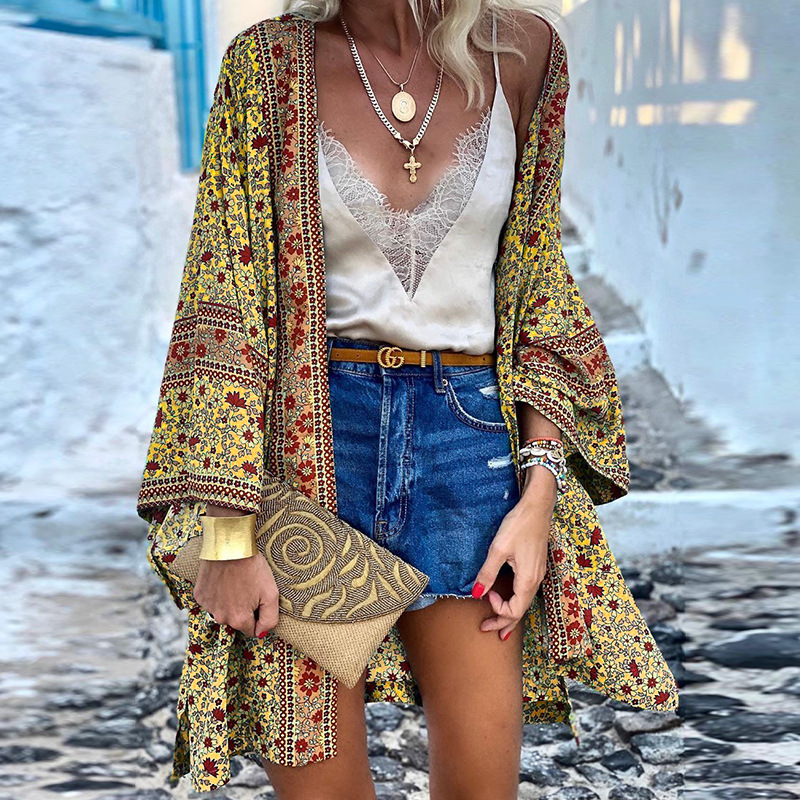 Norvielle Damen Boho Kimono Mittellang Bunt