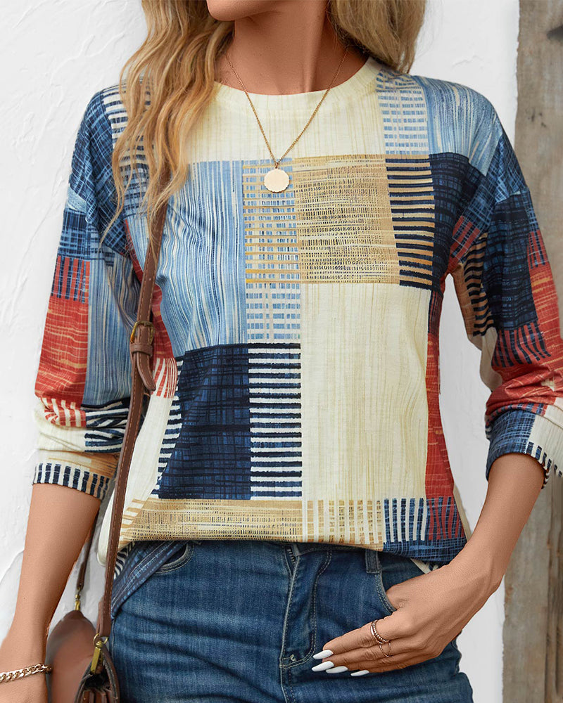 Damen Langarmshirt Multicolor Rundhals Baumwolle