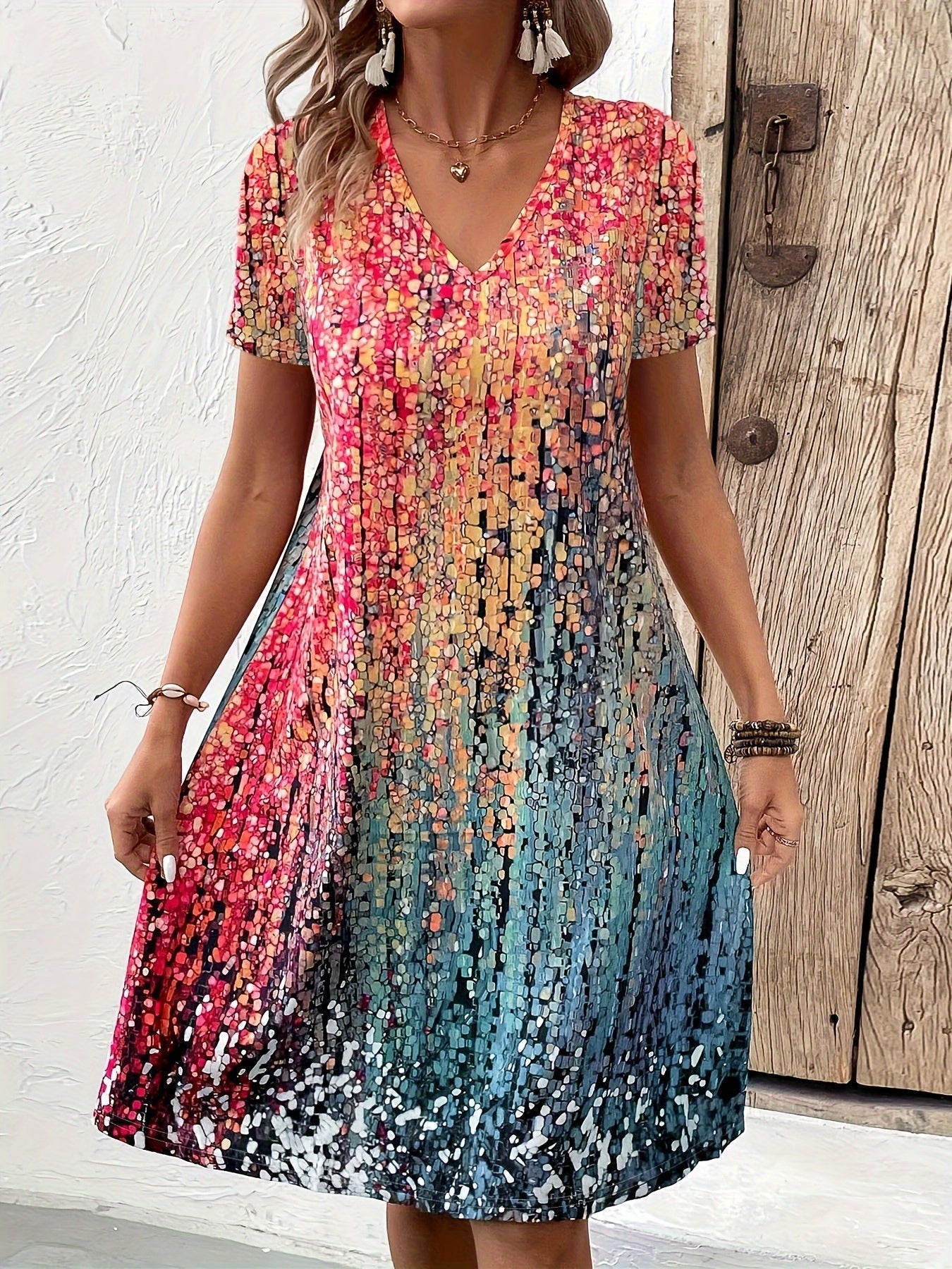 Damenkleid kurzarm V-Ausschnitt Print