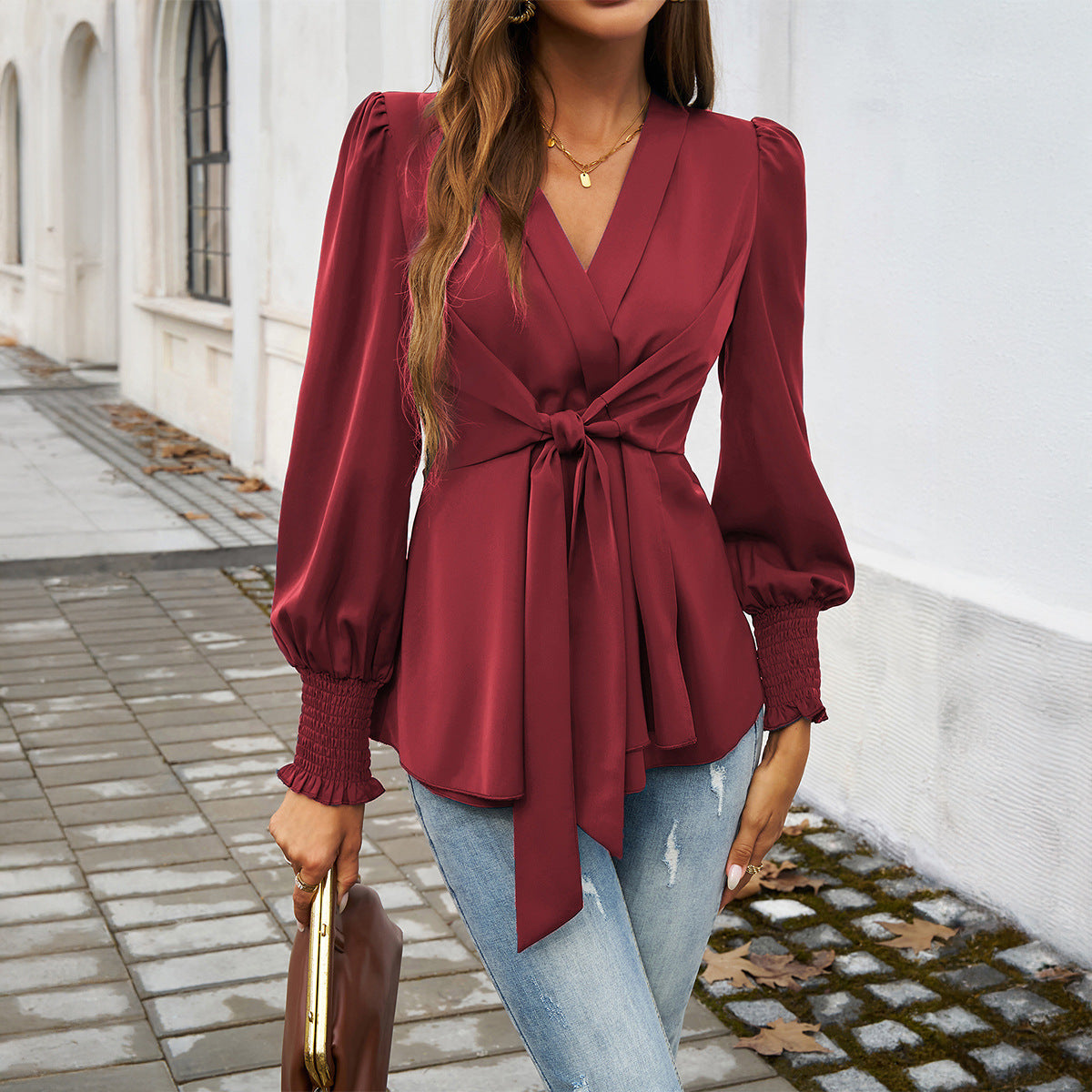 Damen Elegante Bluse V-Ausschnitt Taillengürtel