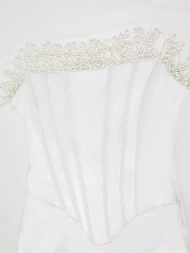 Trägerloses Satin-Midikleid Perlendetail Damenkleid