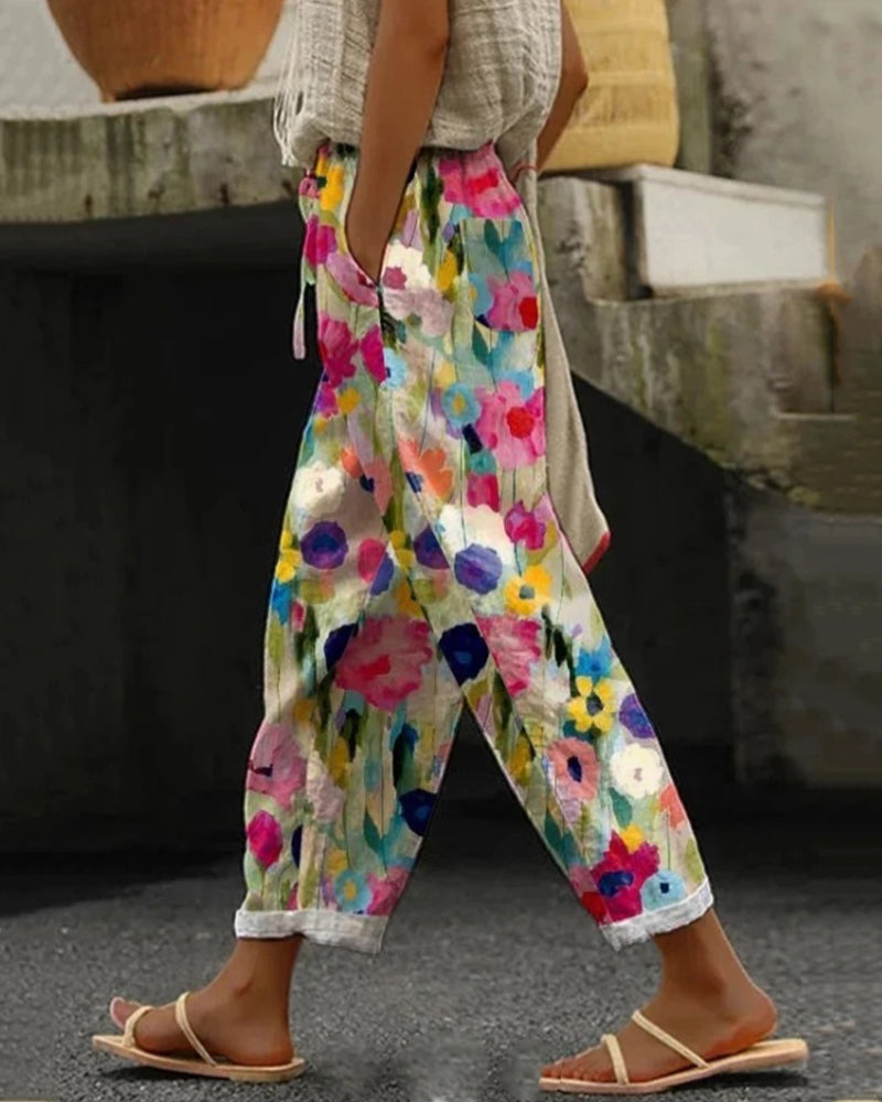 Damen Blumenhose Breit Stilisierte Druckoptik