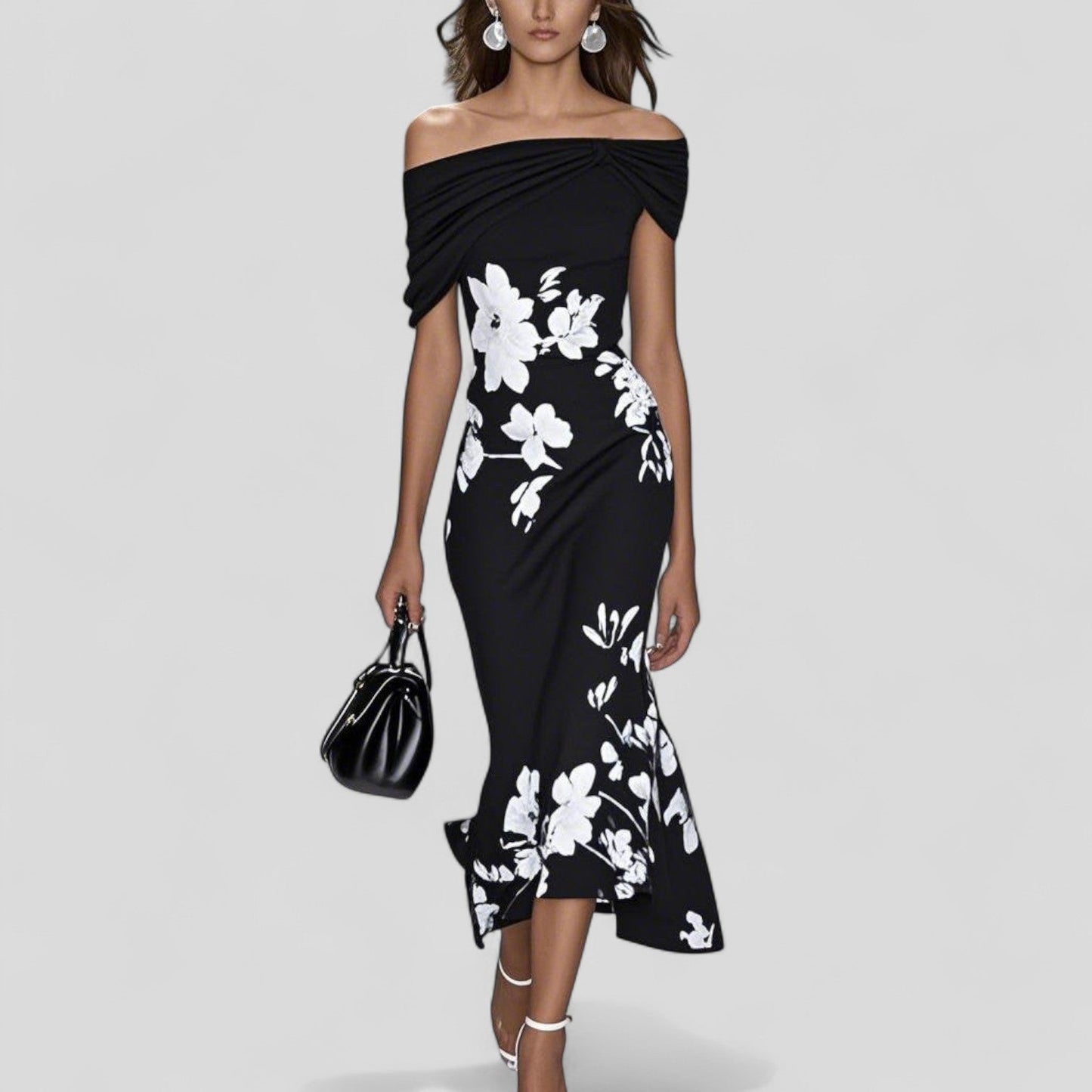 Damen Blumen Off-Shoulder Midi Kleid