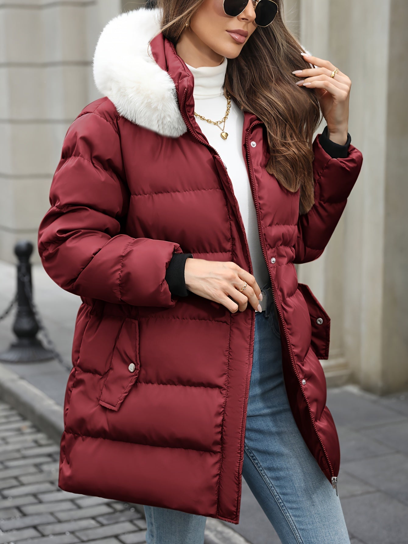 Damen Daunenjacke Mit Kapuze Fellbesatz