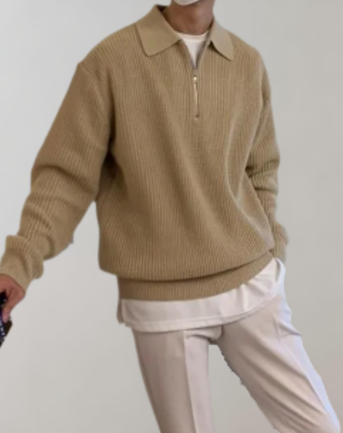 Herren Strickpullover Halbzipp Reißverschluss Eleganz Beige