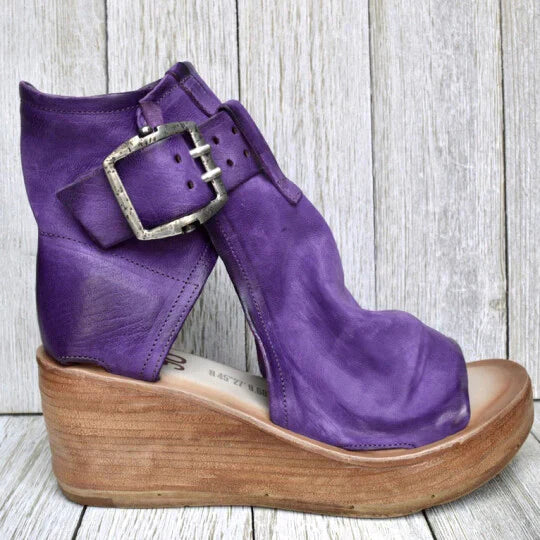 Damen Keilabsatz Sandalen Boho Stil Leder