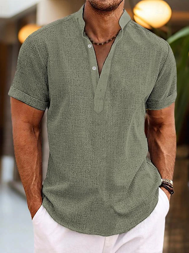 Herren Kurzarm Henley-Shirt Casual Baumwolle Weiß