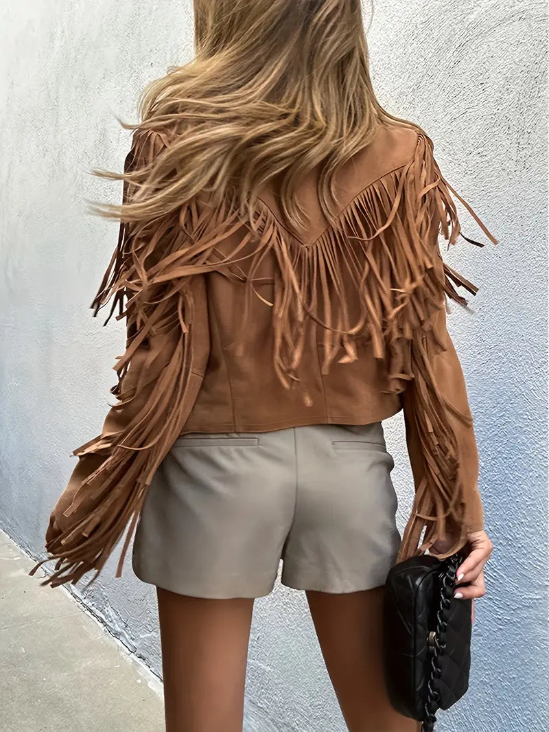Damen Boho-Chic Jacke Kunstwildleder Fransen