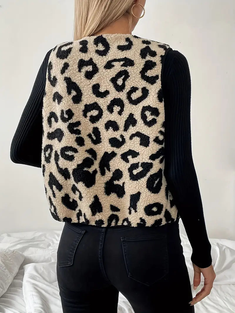 Damen Ärmellose Weste Kunstpelz Leopardenmuster