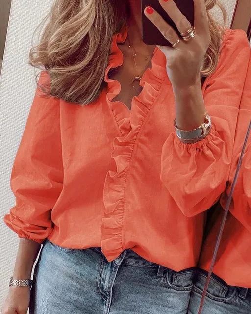 Damen Bluse mit Rüschen V-Ausschnitt