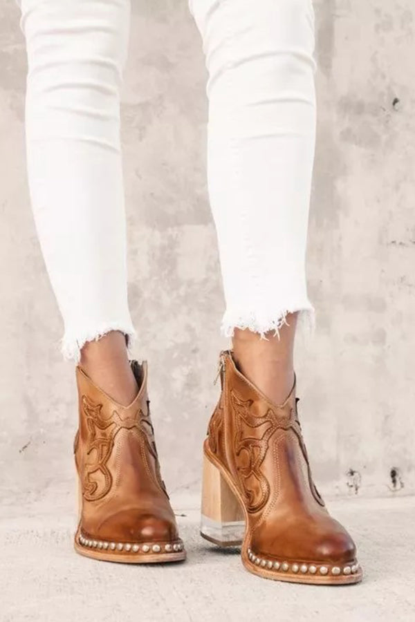 Damen Western Stiefeletten Nude Blockabsatz Nieten