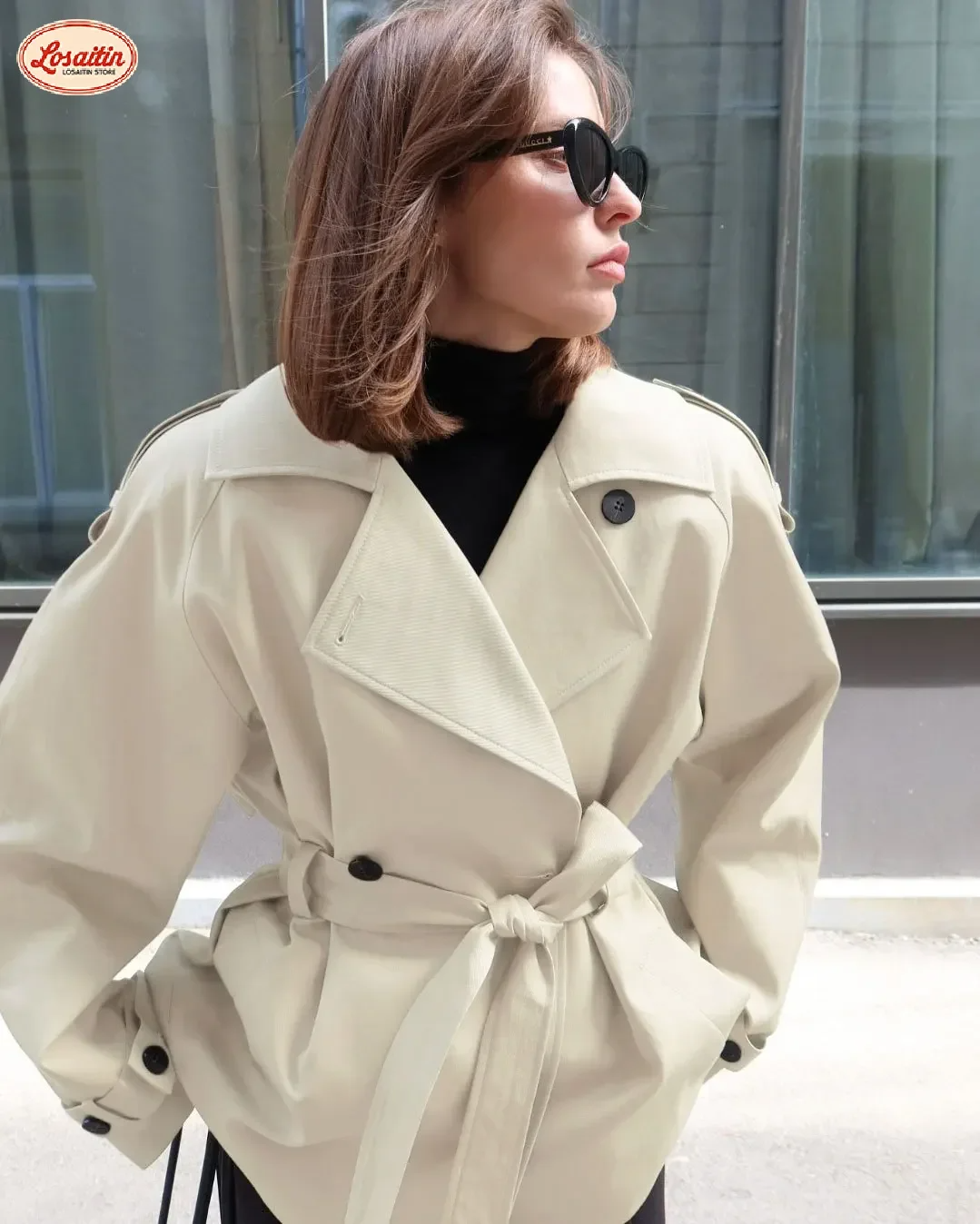 Damen Trenchcoat Baumwollmischung Taillengürtel