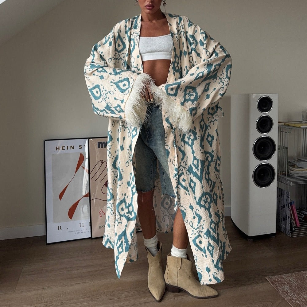 Damen Kimono-Mantel Beige-Türkis Bedruckt Federärmel