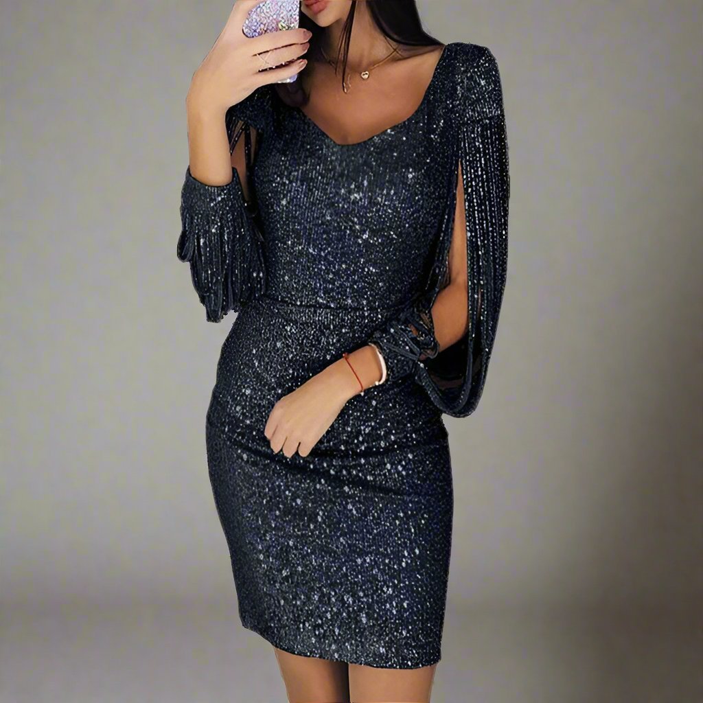 Damen Partykleid Pailletten V-Ausschnitt Glänzend