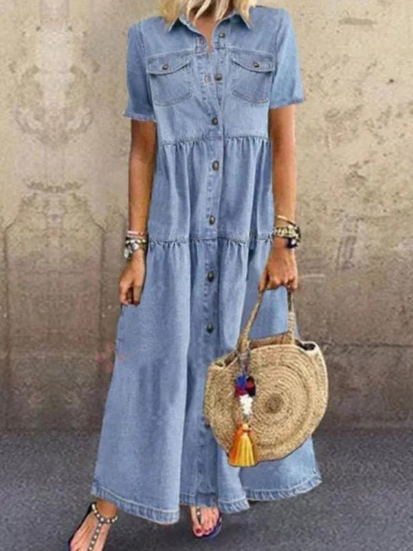 Norvielle Damen Denim-Kleid Langes Verwüstetes Mehrknopf-Design Blau - Norvielle