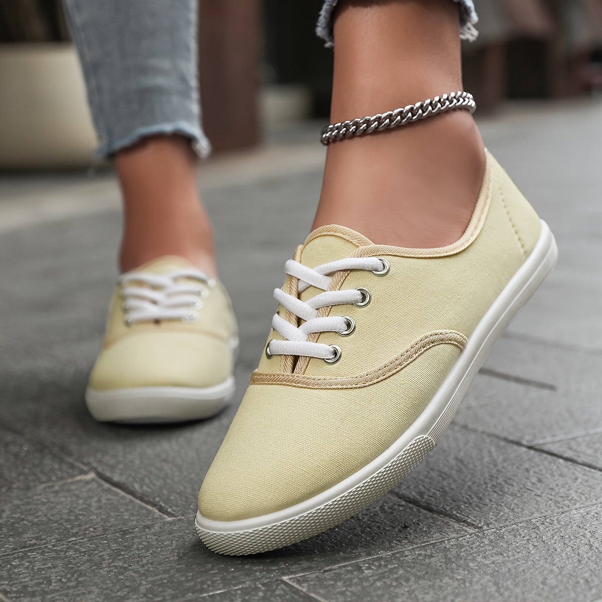 Norvielle Damen Canvas Schnürschuhe Bequem Niedrig Weiß