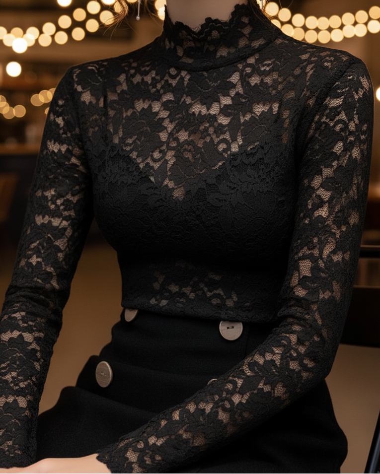 Damen Spitzenbluse Stehkragen Weiß