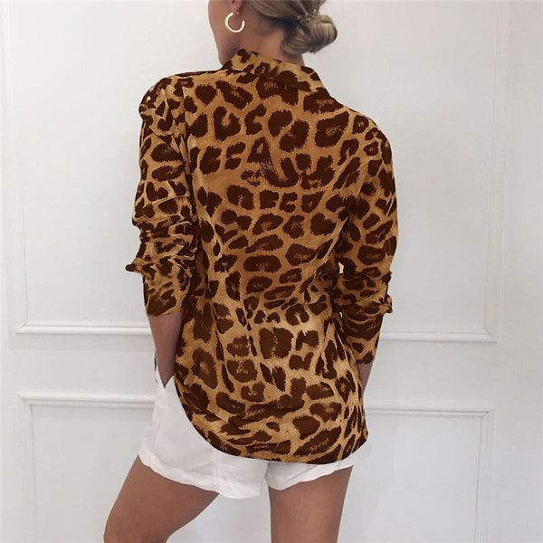 Damen Bluse Leopardenmuster Langer Ärmel Umschlagbarer Kragen