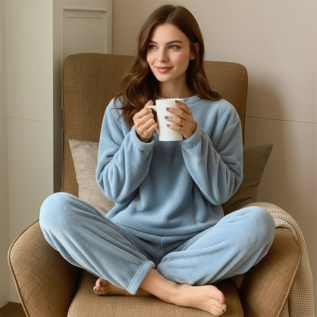 hellblaues lounge set damen sitzend im sessel mit tasse