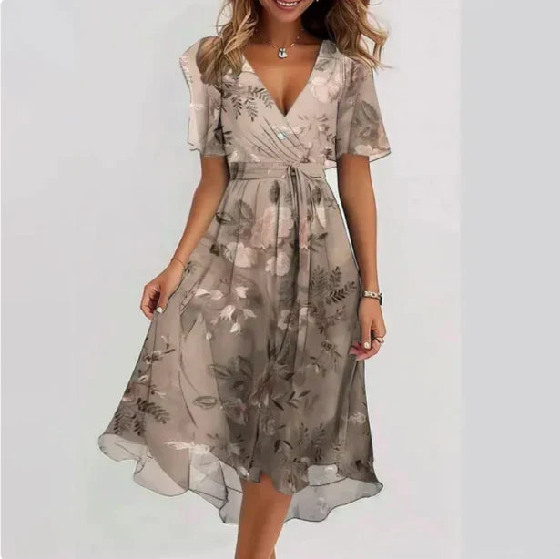 Damen Sommerkleid Wickelkleid Leicht Chiffon Beige