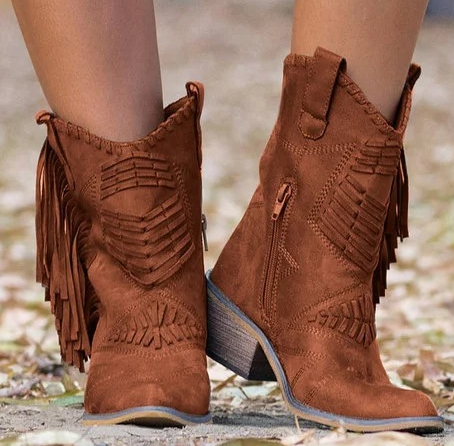 Norvielle Damen Westernstiefel mit Fransen Leder