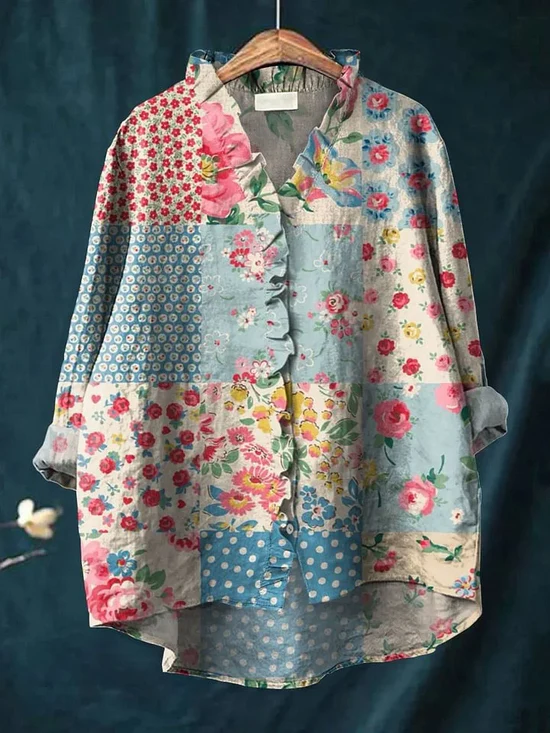 Damen Bluse Floral-Muster Knöpfe