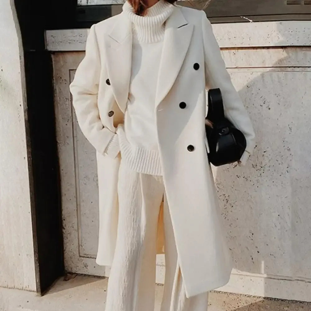 Damen Trenchcoat Schmal Wolllook Doppelreiher
