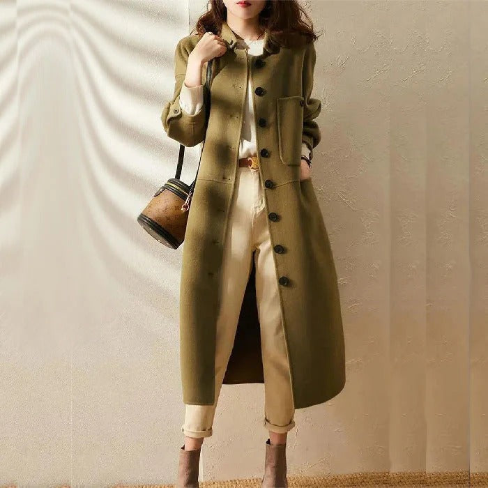 Damen Trenchcoat Wollmischung Lässig Lang Kragenlos