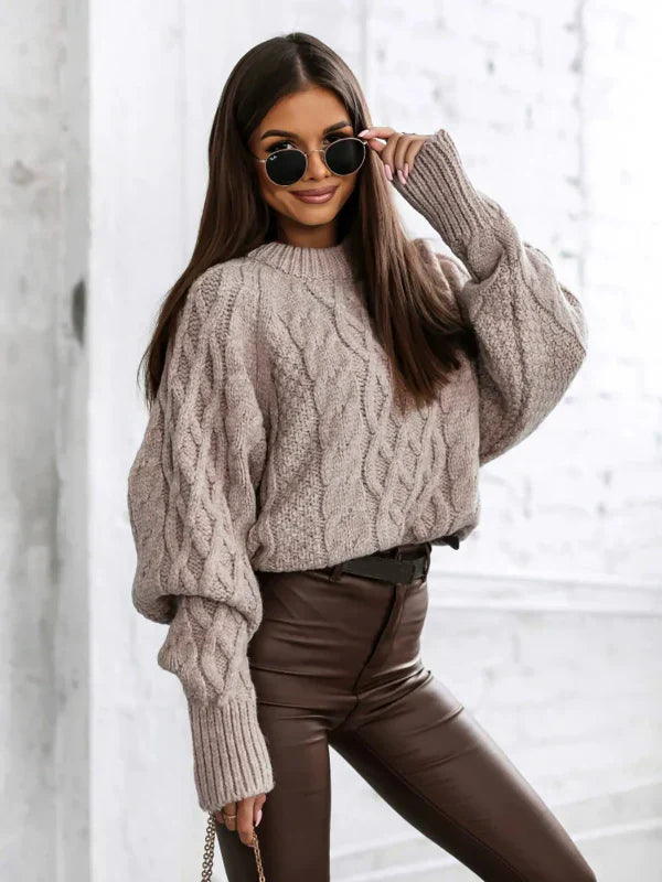 Damen Pullover Wollmischung Kabelstrick Oversized Grau - Norvielle