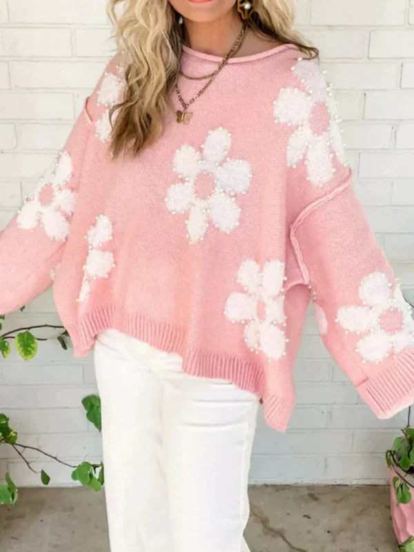 Damen Oversized Pullover Sweatshirt Strickwollmischung Blumenmuster - Norvielle